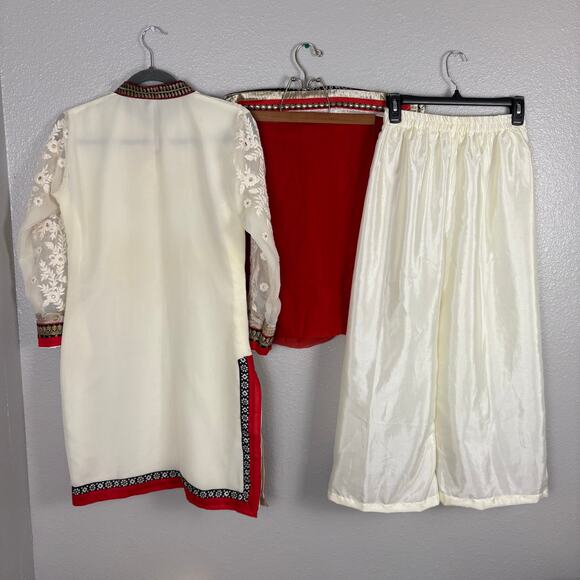 Approx S/M Cream White Red Kurta Set Top Pants & Dupatta Embellished Embroidered - Picture 2 of 16